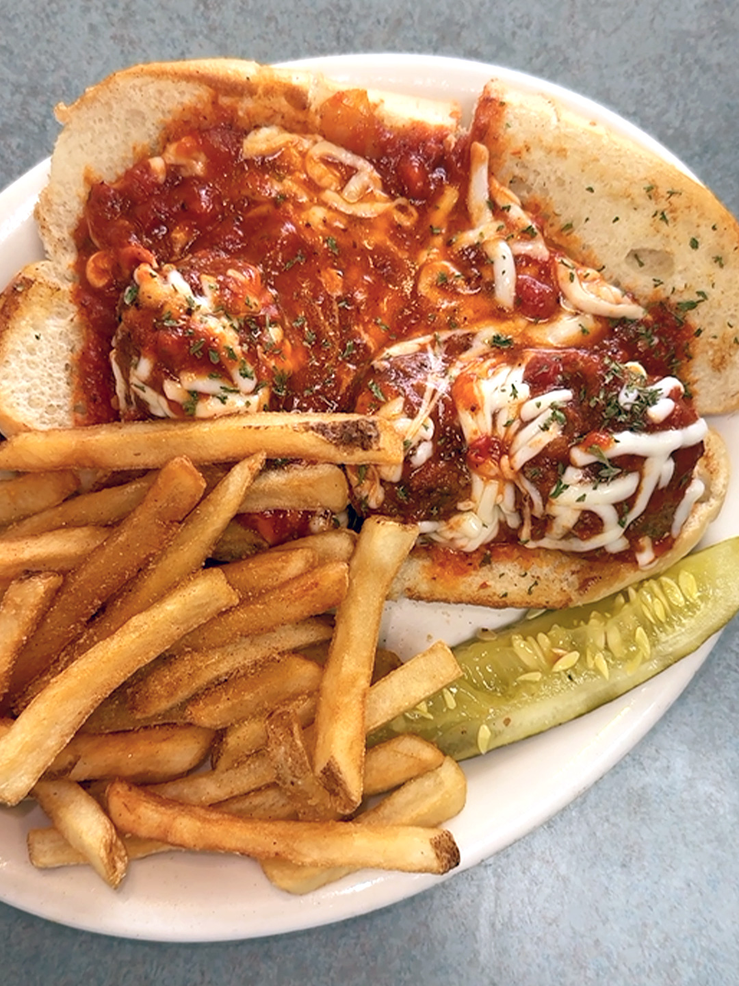Meatball sandwich with fries at Golden Bear Restaurant in Largo, Florida